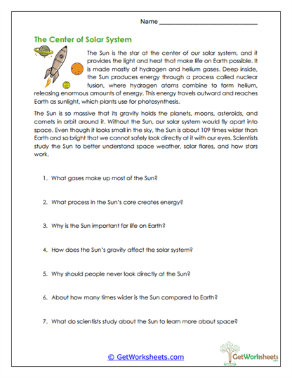 Center of the Solar System Worksheet