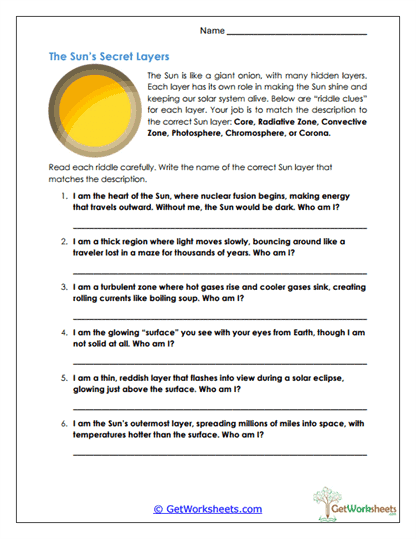 Solar Layer Riddles Worksheet