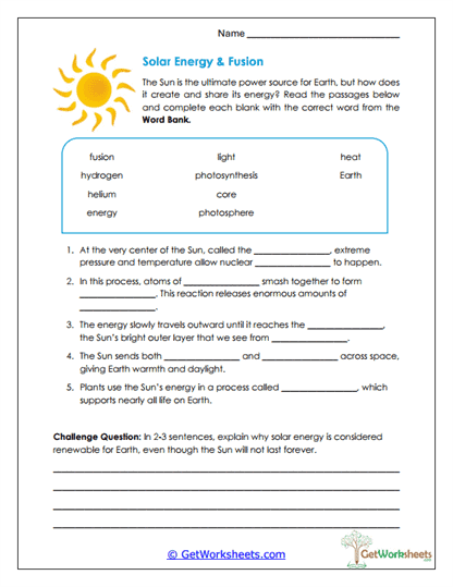 Solar Fusion Fill-In Worksheet