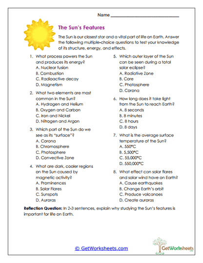 Sun Features Quiz Worksheet