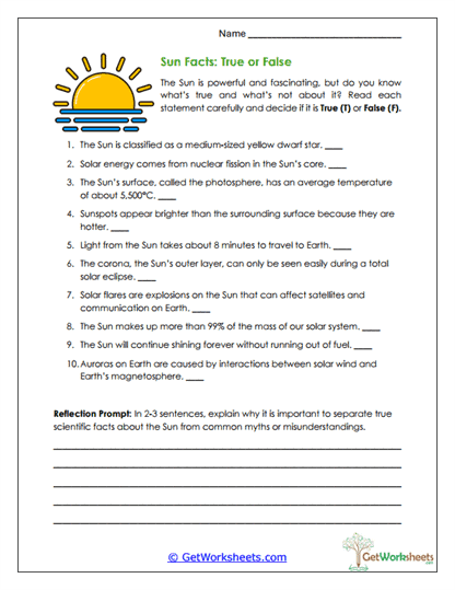 Sun Facts Check Worksheet