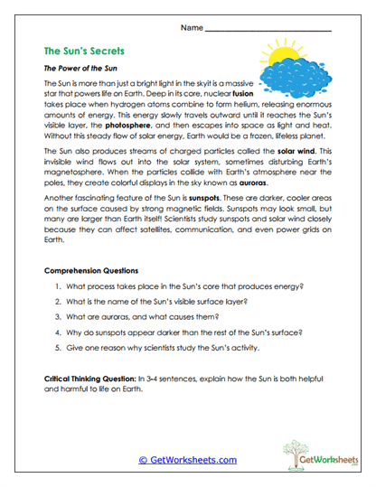 Solar Secrets Reading Worksheet