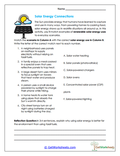 Solar Energy Uses Worksheet