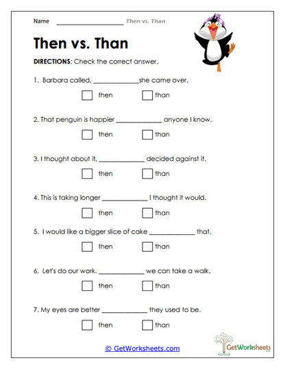 Sentence Writing with Then and Than Worksheet