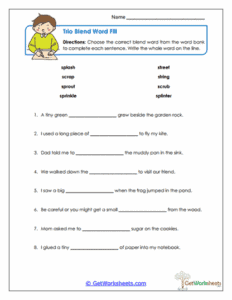 Three-Letter Blend Sentence Fill Worksheet