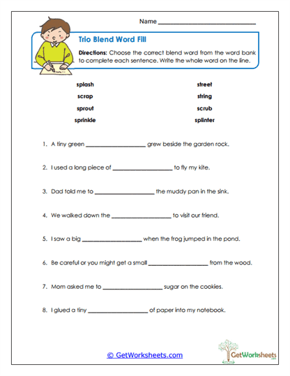 Trio Word Fills Worksheet