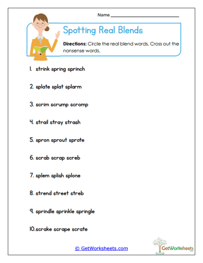Spotting Real Blends Worksheet