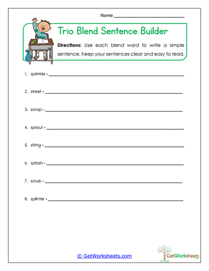 Trio Blend Sentence Builder Worksheet