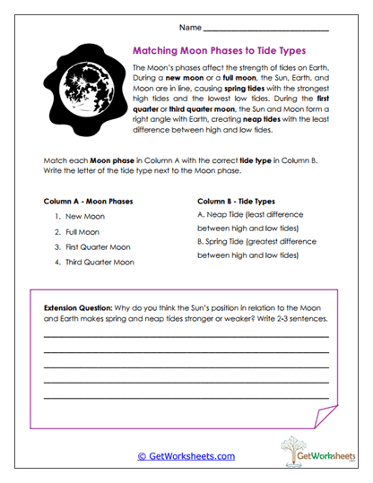 Moon Phase and Tide Match Worksheet