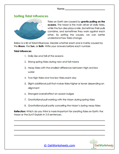 Tidal Causes Worksheet