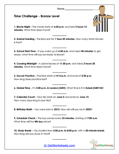 Time Challenge - Bronze Level Worksheet