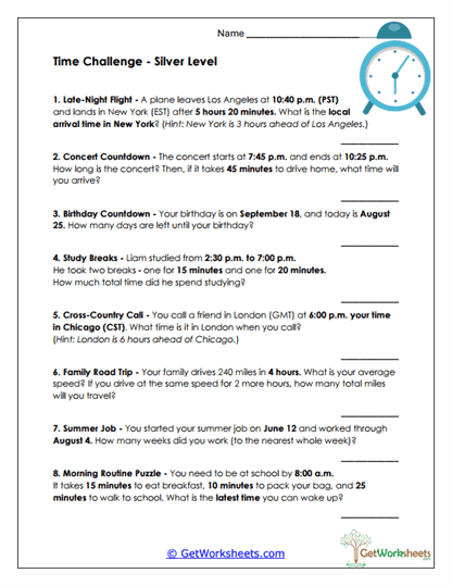 Time Challenge - Silver Level Worksheet