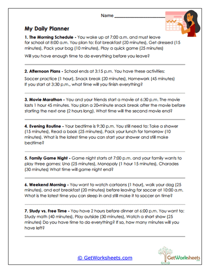 My Daily Planner Worksheet