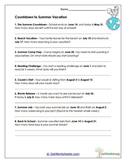 Countdown to Summer Vacation Worksheet