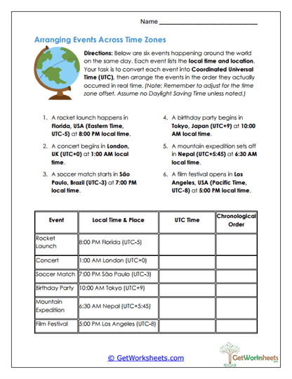 Time Zones Worksheets