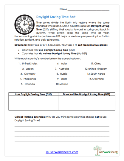 Daylight Savings Sort Worksheet
