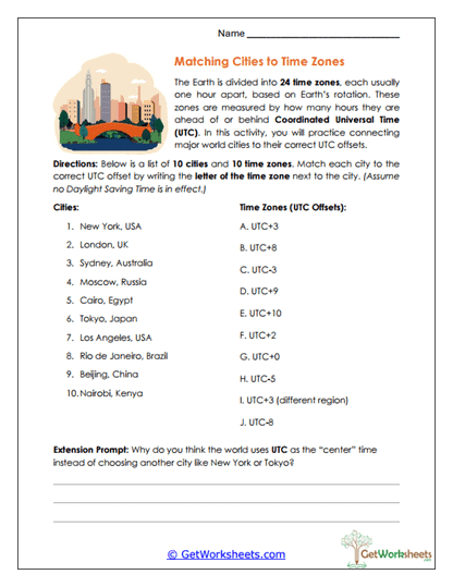 City-Time Zone Match Worksheet