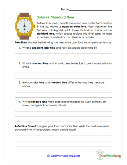 Solar vs. Standard Time Worksheet