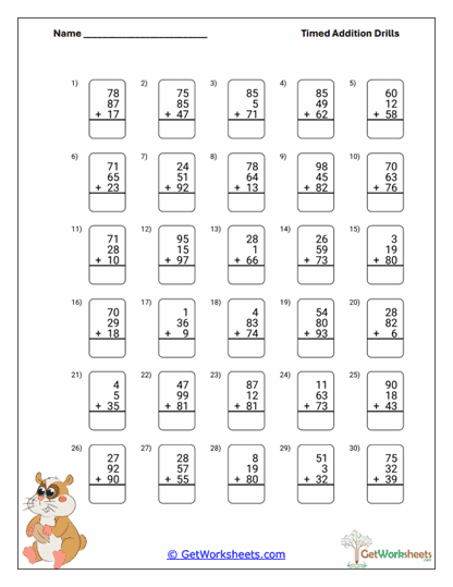 Multi-Digit Addition Drill Worksheet