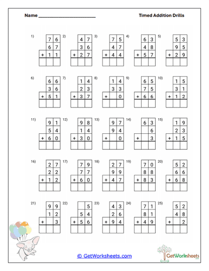 Boxed Addition Timed Set Worksheet