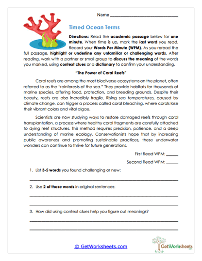 Timed Ocean Terms Worksheet