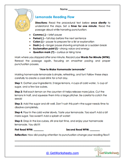 Lemonade Reading Flow Worksheet