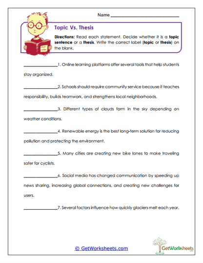 Topic vs. Thesis Worksheet