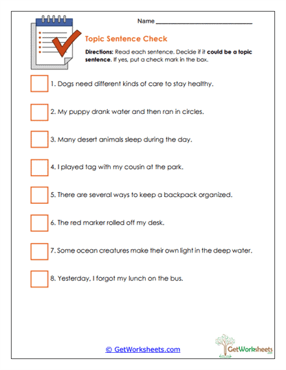 Topic Sentence Check Worksheet