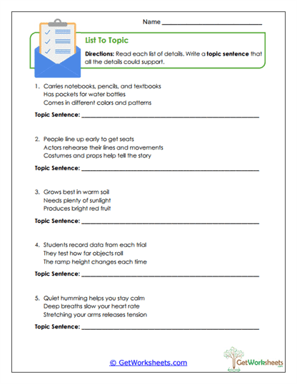 List to Topic Worksheet