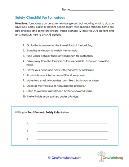 Tornado Safety Checklist Worksheet