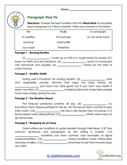 Transitions and Sentence Flow Worksheets