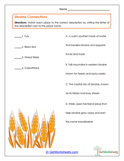 Ukraine Matching Worksheet
