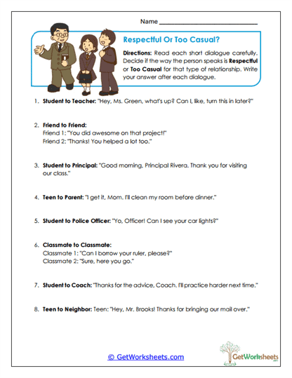 Respectful or Too Casual Worksheet