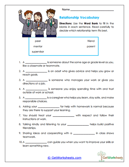 Relationship Vocabulary Worksheet