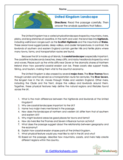United Kingdom Landscape Worksheet