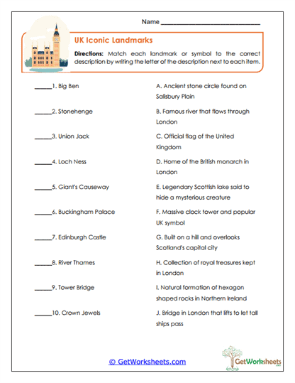 UK Iconic Landmarks Worksheet
