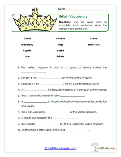Britain Vocabulary Worksheet