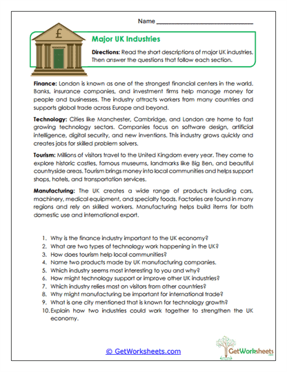 Major UK Industries Worksheet