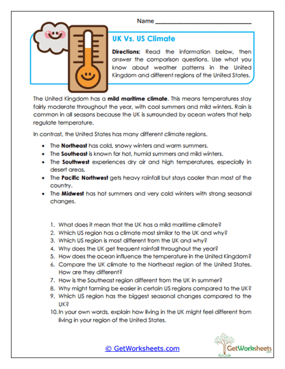 UK vs. US Climate Worksheet