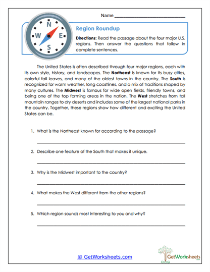 U.S. Regions Reading Worksheet