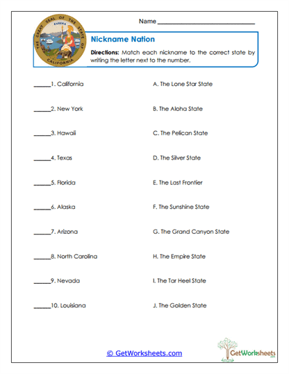 State Nicknames Match Worksheet