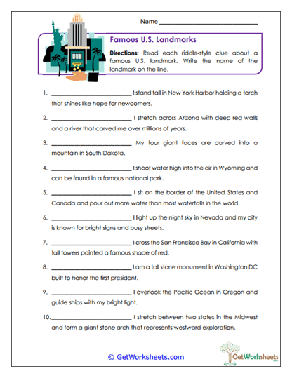 Landmark Riddles Worksheet