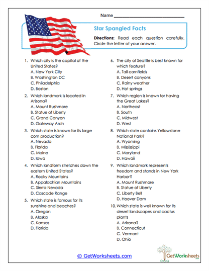 U.S. Trivia Quiz Worksheet
