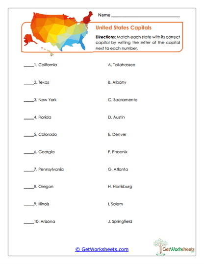 State Capitals Match Worksheet