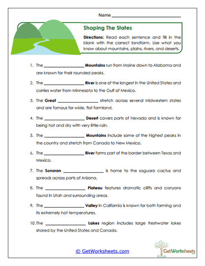 Landform Fill-In Worksheet
