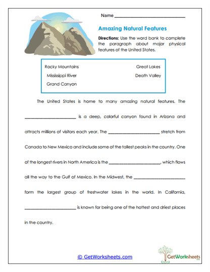 Natural Features Cloze Worksheet
