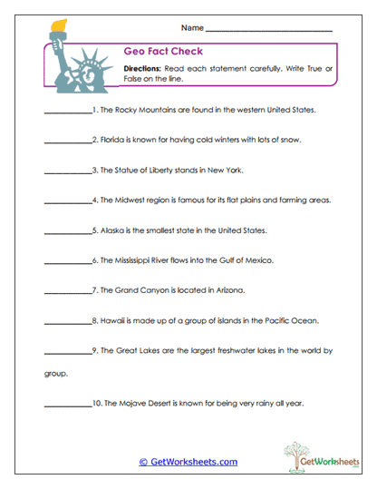 Geography True/False Worksheet