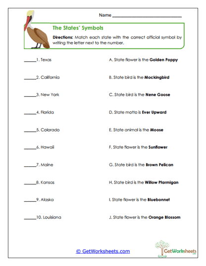 State Symbols Match Worksheet