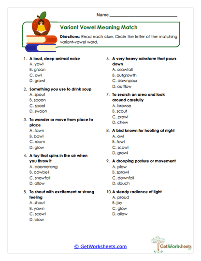 Variant Vowels Worksheets