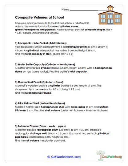 Composite Volumes at School Worksheet